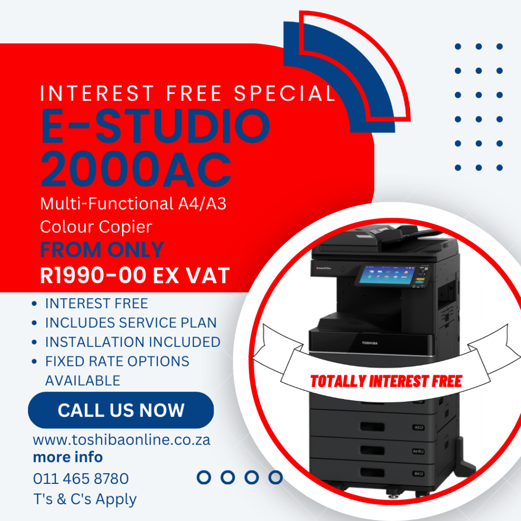 Interest free special: Toshiba e-STUDIO 2000AC multi-functional A4/A3 colour copier from R1990-00 ex VAT